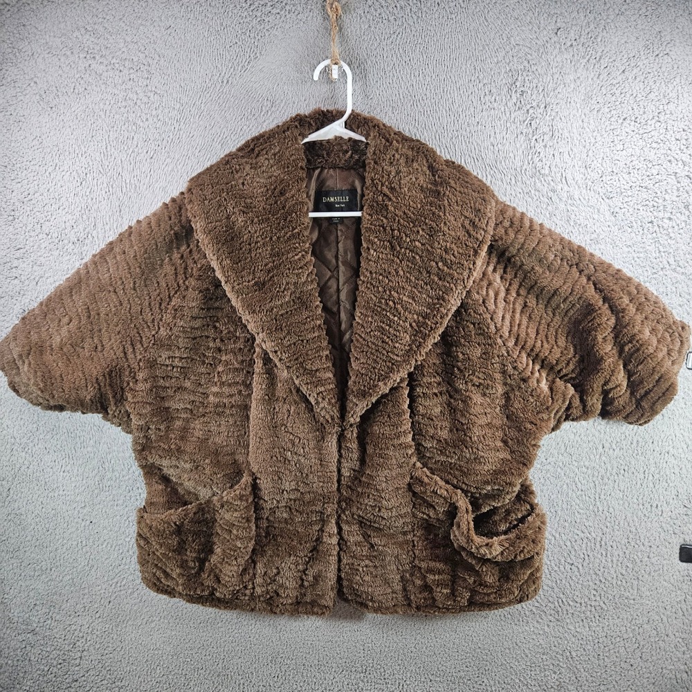 Damselle New York Brown Faux Fur Jacket Womens XL Oversized Shawl Collar Quilted